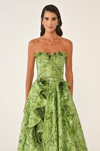 Straplez Fırfırlı Önden Çift Yırtmaçlı Jakar Uzun Elbise FISTIK YEŞİLİ - 36