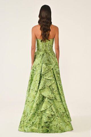 Straplez Fırfırlı Önden Çift Yırtmaçlı Jakar Uzun Elbise FISTIK YEŞİLİ - 36