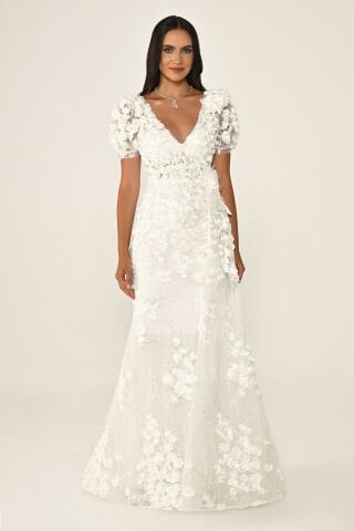 Uzun Kollu 3 Boyut Çiçek Aksesuarlı Uzun Elbise