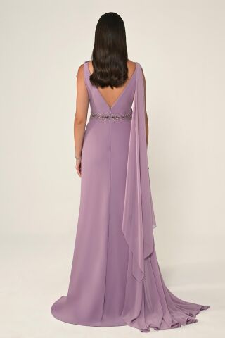 Çiçek ve Taş Aksesuarlı Yırtmaçlı Şallı Uzun Elbise Lila - 44