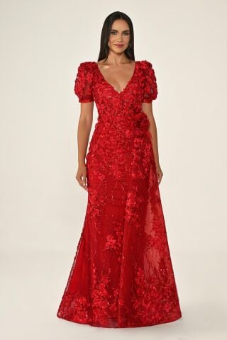 Uzun Kollu 3 Boyut Çiçek Aksesuarlı Uzun Elbise