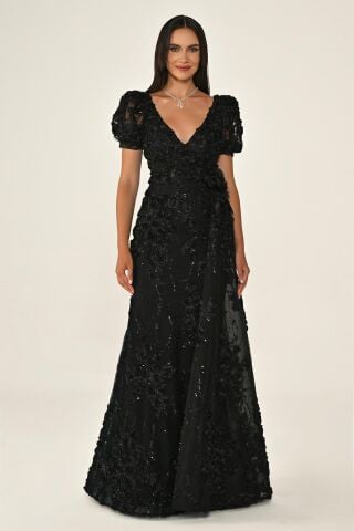 Uzun Kollu 3 Boyut Çiçek Aksesuarlı Uzun Elbise