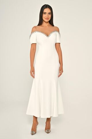 Yakası Taşlı Düşük Kol Krep Midi Elbise Beyaz - 44