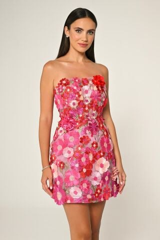Straplez 3 Boyut Çiçek Aksesuarlı Kısa Elbise PEMBE / FUŞYA - 36