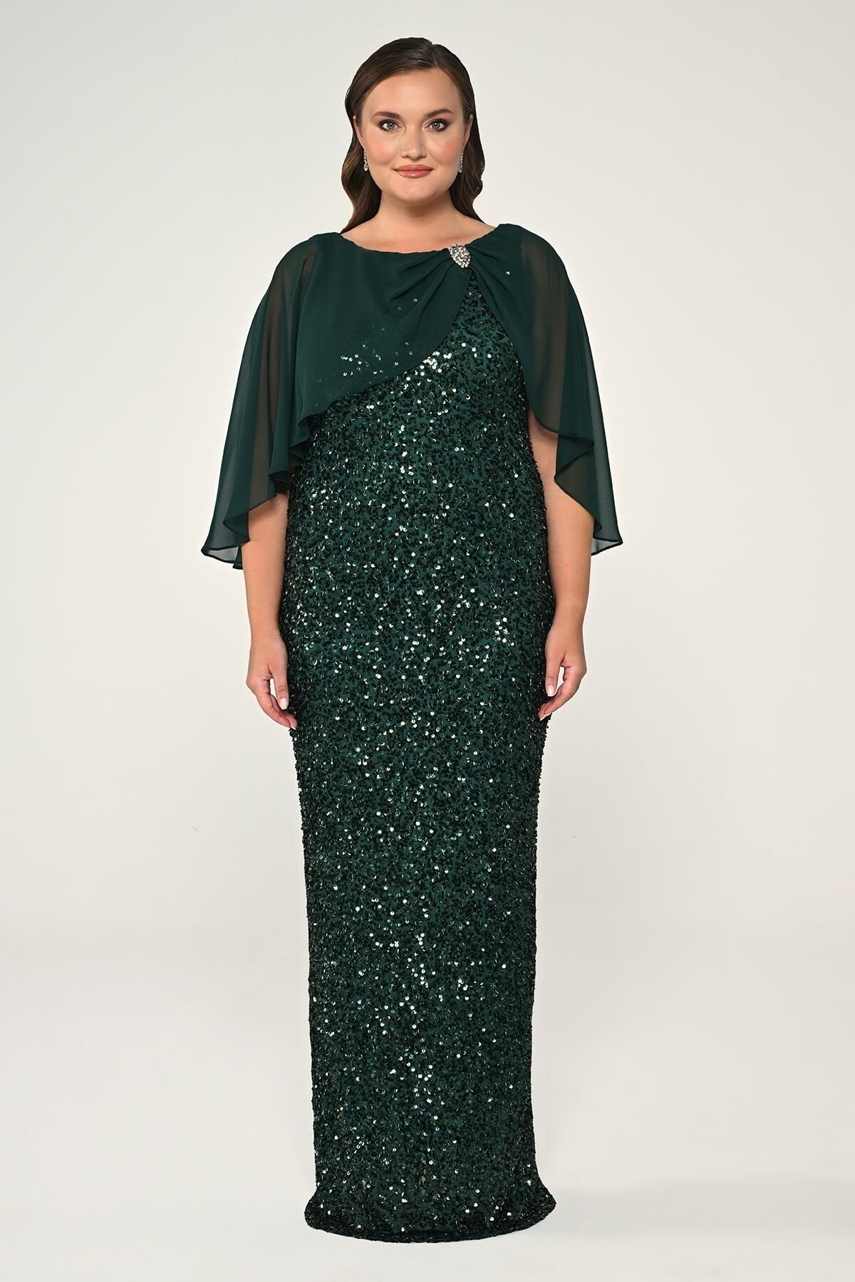 Brooch Sequin Long Dress with Chiffon Shawl