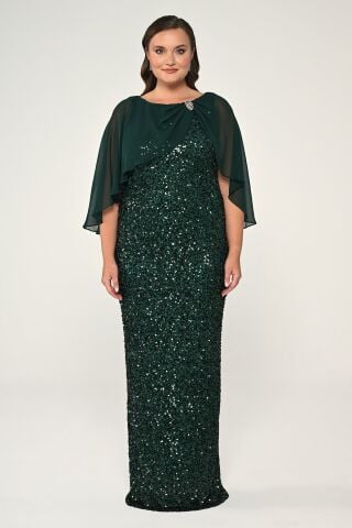 Brooch Sequin Long Dress with Chiffon Shawl