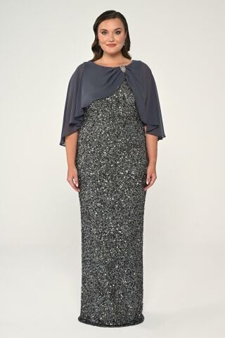 Brooch Sequin Long Dress with Chiffon Shawl