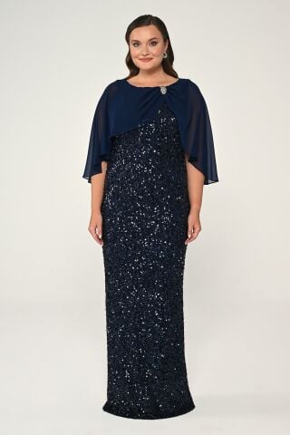Brooch Sequin Long Dress with Chiffon Shawl