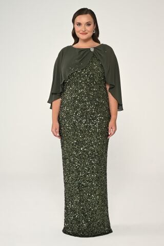 Brooch Sequin Long Dress with Chiffon Shawl