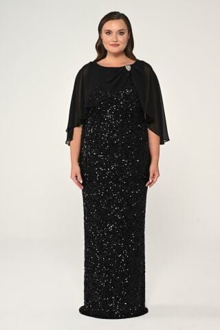 Brooch Sequin Long Dress with Chiffon Shawl