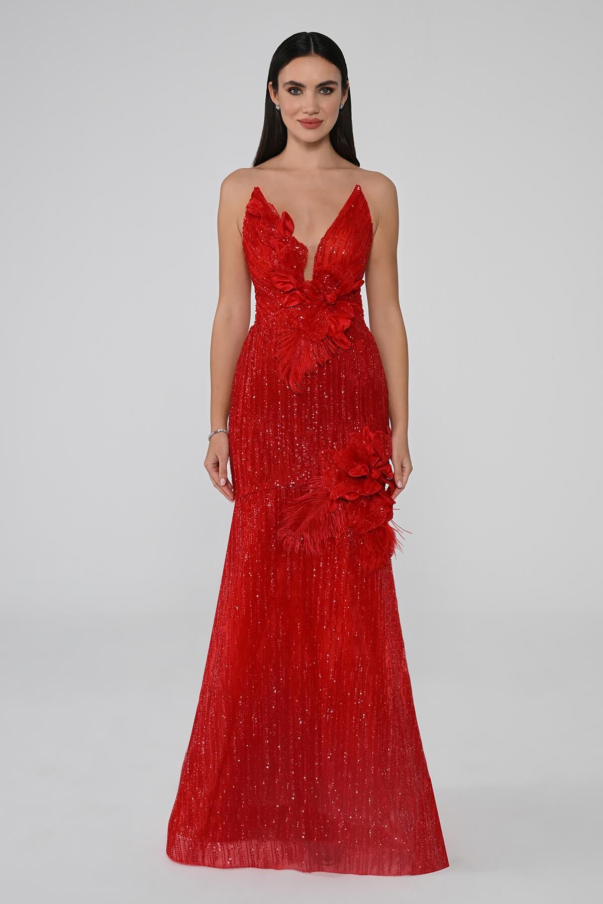 Derin V Yaka Çiçek Aksesuarlı Payet Uzun Elbise Kırmızı - 36