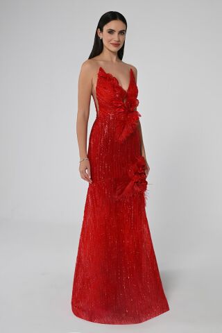 Derin V Yaka Çiçek Aksesuarlı Payet Uzun Elbise Kırmızı - 42