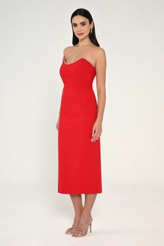 Straplez Şerit Aksesuarlı Krep Midi Elbise Kırmızı - 42