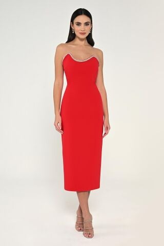Straplez Şerit Aksesuarlı Krep Midi Elbise Kırmızı - 42