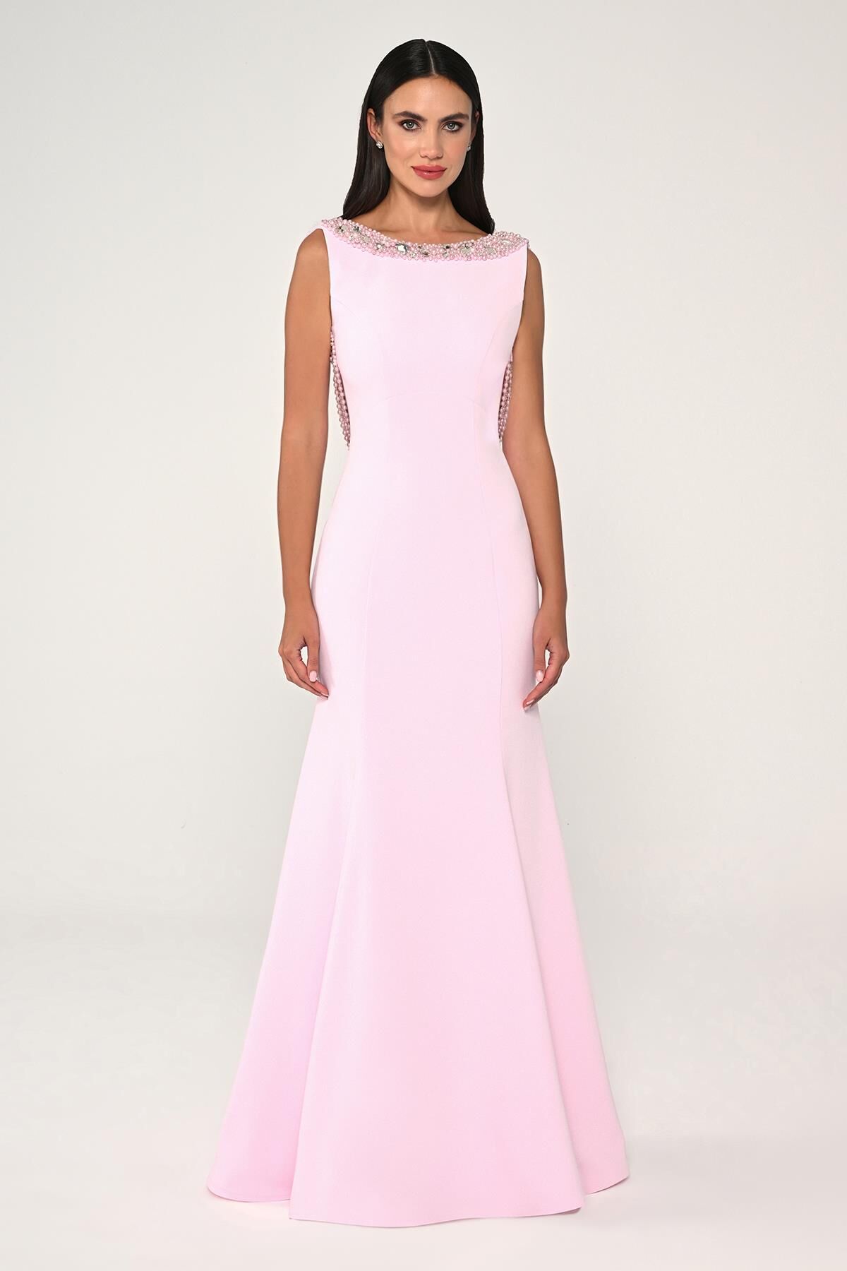 Yakası Ve Sırtı İnci Boncuklu Krep Uzun Elbise Pembe - 36