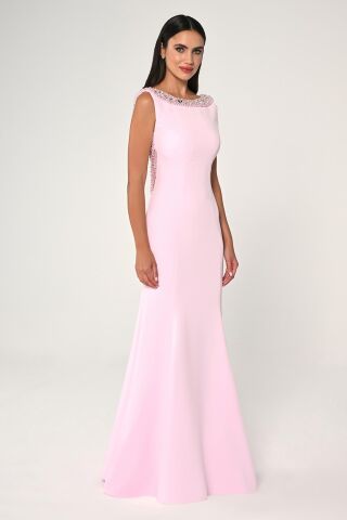 Yakası Ve Sırtı İnci Boncuklu Krep Uzun Elbise Pembe - 36