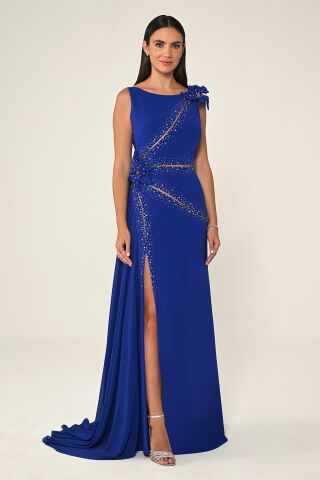 Çiçek ve Taş Aksesuarlı Yırtmaçlı Şallı Uzun Elbise SAKS - 48