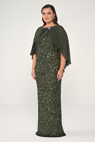 Şifon Şallı Broşlu Payet Uzun Elbise Haki - 48