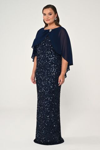 Şifon Şallı Broşlu Payet Uzun Elbise Lacivert - 42