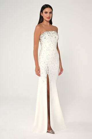 Straplez Taş İşlemeli Krep Uzun Elbise Beyaz - 42