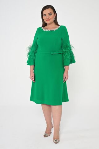 Taşlı Bisiklet Yaka Kolları Tüylü Krep Midi Elbise Yeşil - 44