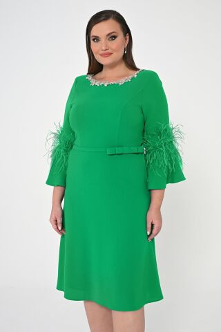 Taşlı Bisiklet Yaka Kolları Tüylü Krep Midi Elbise Yeşil - 44