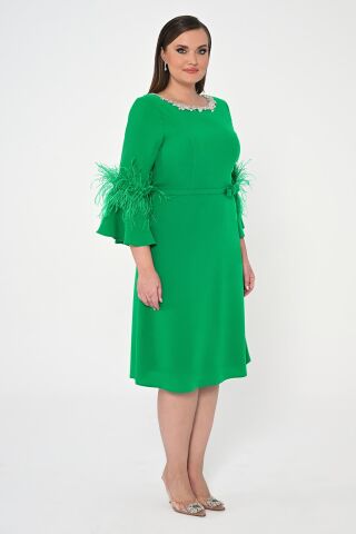 Taşlı Bisiklet Yaka Kolları Tüylü Krep Midi Elbise Yeşil - 44