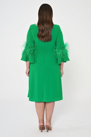 Taşlı Bisiklet Yaka Kolları Tüylü Krep Midi Elbise Yeşil - 44