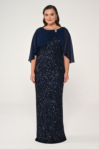 Şifon Şallı Broşlu Payet Uzun Elbise Lacivert - 46