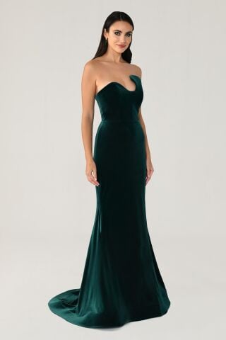 Straplez Üst Asimetrik Kesim Kadife Uzun Elbise ZÜMRÜT - 38