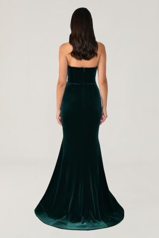 Straplez Üst Asimetrik Kesim Kadife Uzun Elbise ZÜMRÜT - 38