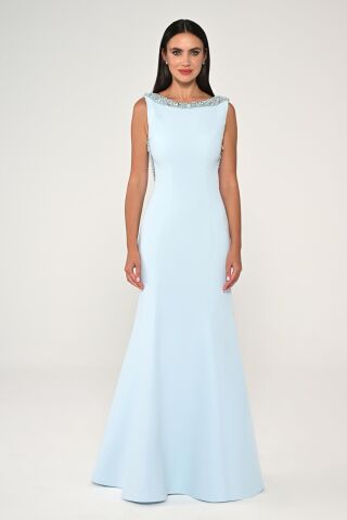 Yakası Ve Sırtı İnci Boncuklu Krep Uzun Elbise AÇIK MAVİ - 40