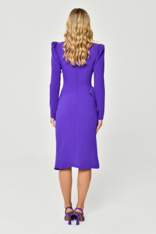 Uzun Kol Derin V Yaka Vatkalı Yandan Bağlamalı Krep Midi Elbise Mor - 44