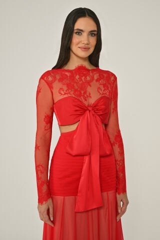 Üst Dantel Göğüs Saten Bağlamalı Eteği Şifon Uzun Elbise