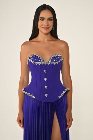 Straplez Taşlı Üst Krep Eteği Saten Pileli Uzun Elbise