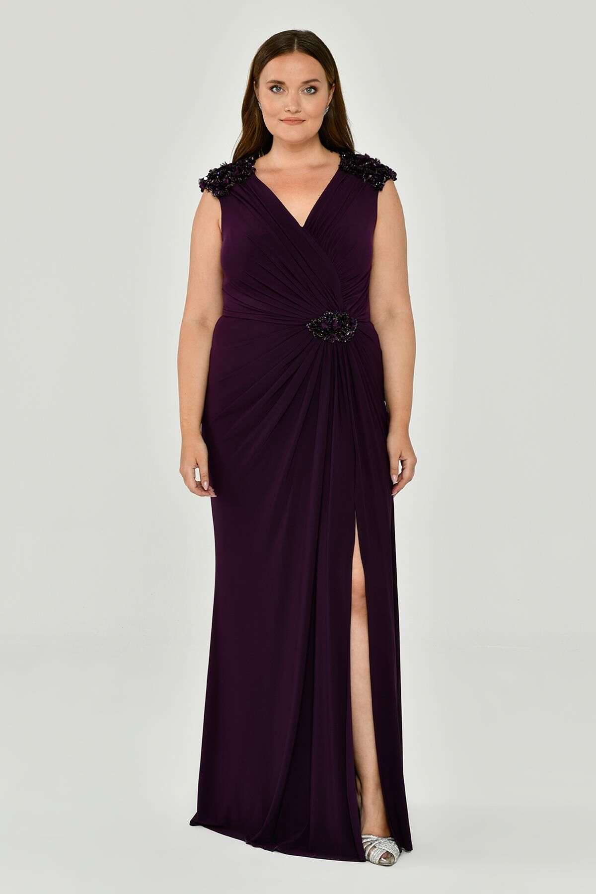 Kolsuz V Yaka Yırtmaçlı Uzun Elbise KOYU MOR - 44