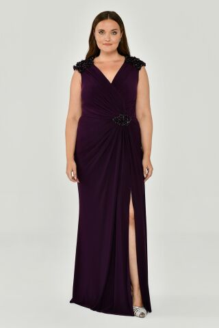 Kolsuz V Yaka Yırtmaçlı Uzun Elbise KOYU MOR - 44