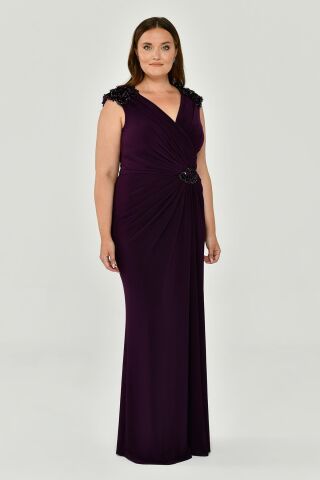 Kolsuz V Yaka Yırtmaçlı Uzun Elbise KOYU MOR - 44
