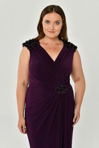 Kolsuz V Yaka Yırtmaçlı Uzun Elbise KOYU MOR - 44