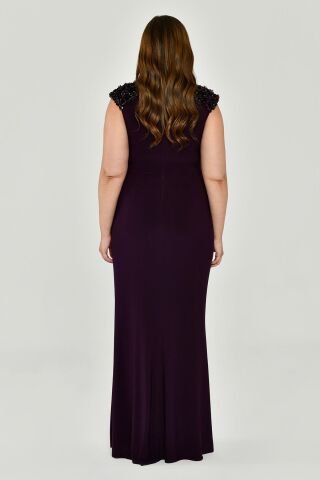 Kolsuz V Yaka Yırtmaçlı Uzun Elbise KOYU MOR - 44