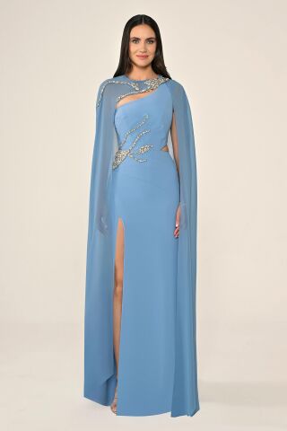 Pelerinli Taş İşlemeli Krep Uzun Elbise İNDİGO - 38