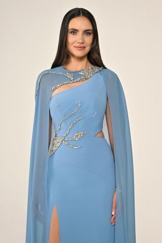 Pelerinli Taş İşlemeli Krep Uzun Elbise İNDİGO - 38