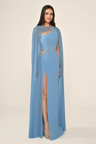 Pelerinli Taş İşlemeli Krep Uzun Elbise İNDİGO - 38