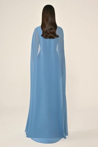 Pelerinli Taş İşlemeli Krep Uzun Elbise İNDİGO - 38