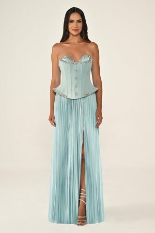 Straplez Taşlı Üst Krep Eteği Saten Pileli Uzun Elbise