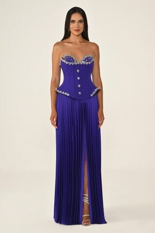 Straplez Taşlı Üst Krep Eteği Saten Pileli Uzun Elbise