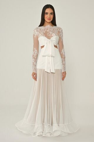 Üst Dantel Göğüs Saten Bağlamalı Eteği Şifon Uzun Elbise