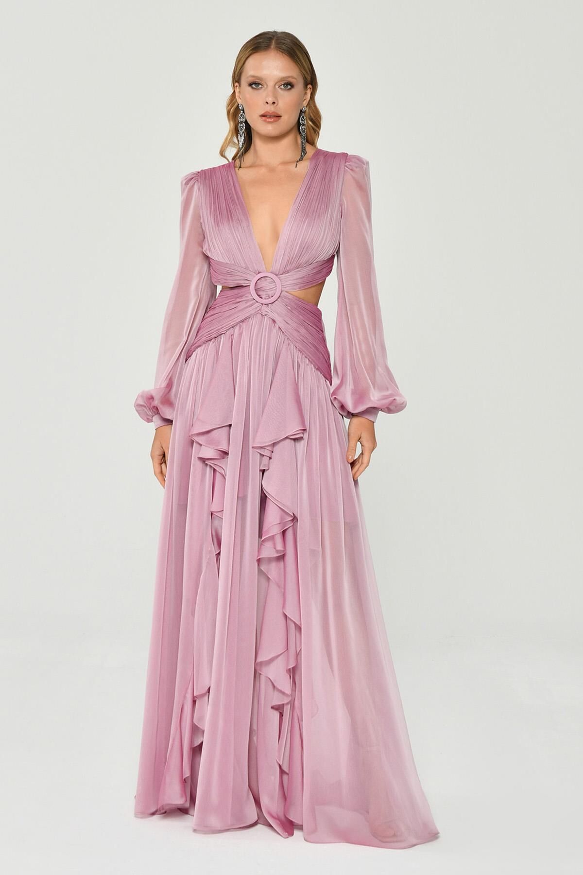 Langes Chiffonkleid mit V-Ausschnitt und Schnalle vorne und doppeltem Schlitz, Rosa - 40