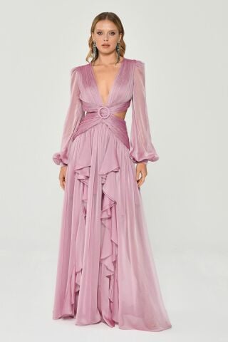 Langes Chiffonkleid mit V-Ausschnitt und Schnalle vorne und doppeltem Schlitz, Rosa - 40