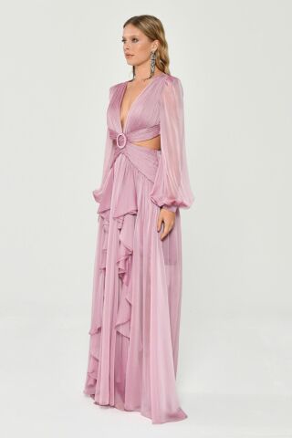 Langes Chiffonkleid mit V-Ausschnitt und Schnalle vorne und doppeltem Schlitz, Rosa - 40